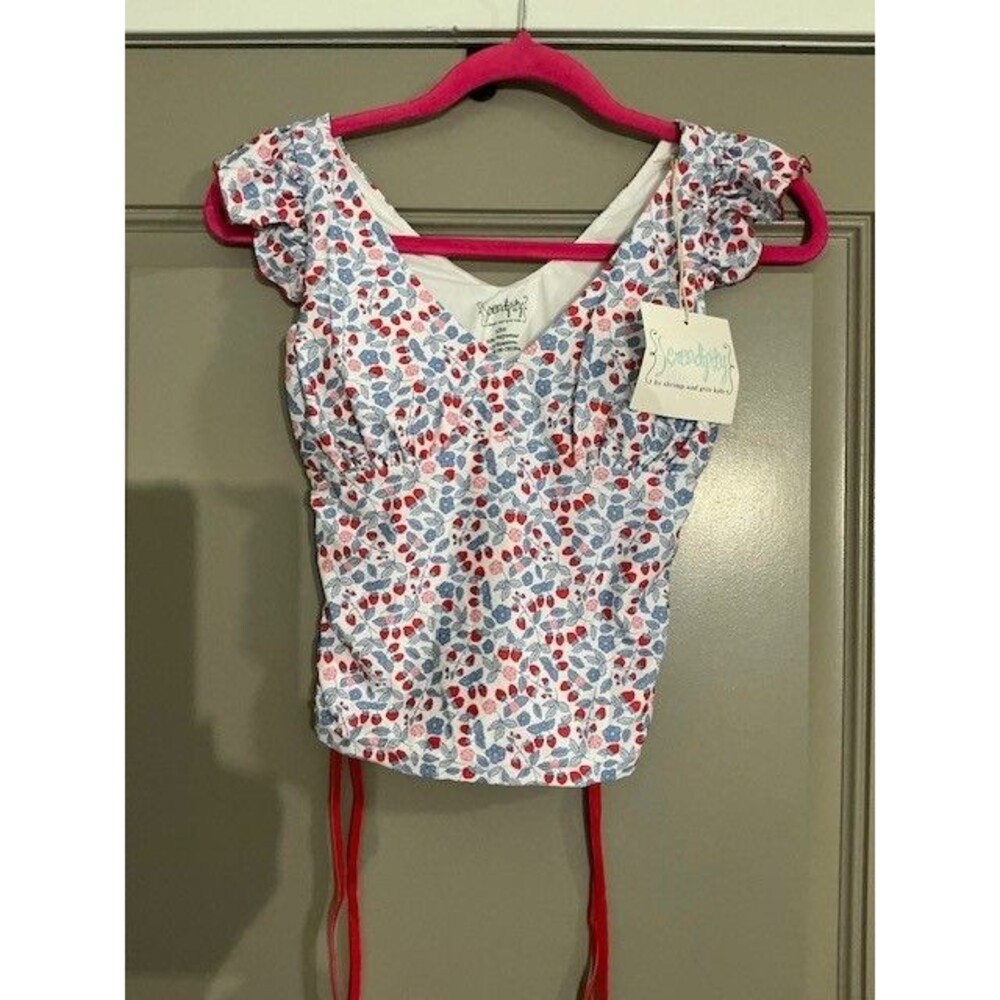 serendipity by shrimp and grits Adult swim top strawberries Sz S Ruffles NWT